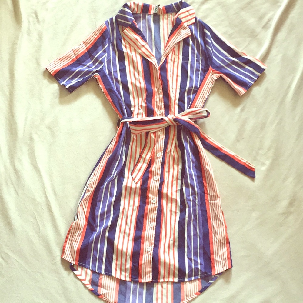 Stripped Button Down Dress With Tie